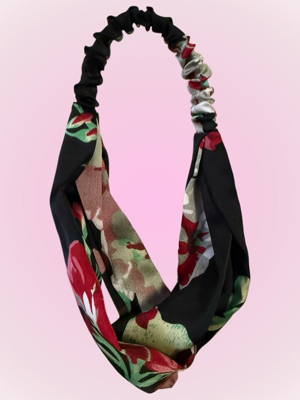 Floral Red Twist Headband with Green Accents